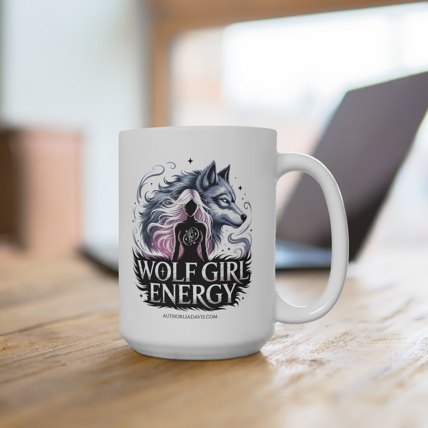 Wolf Girl Energy 15oz Ceramic Mug — Feminine Wolf Design, Gift for Women