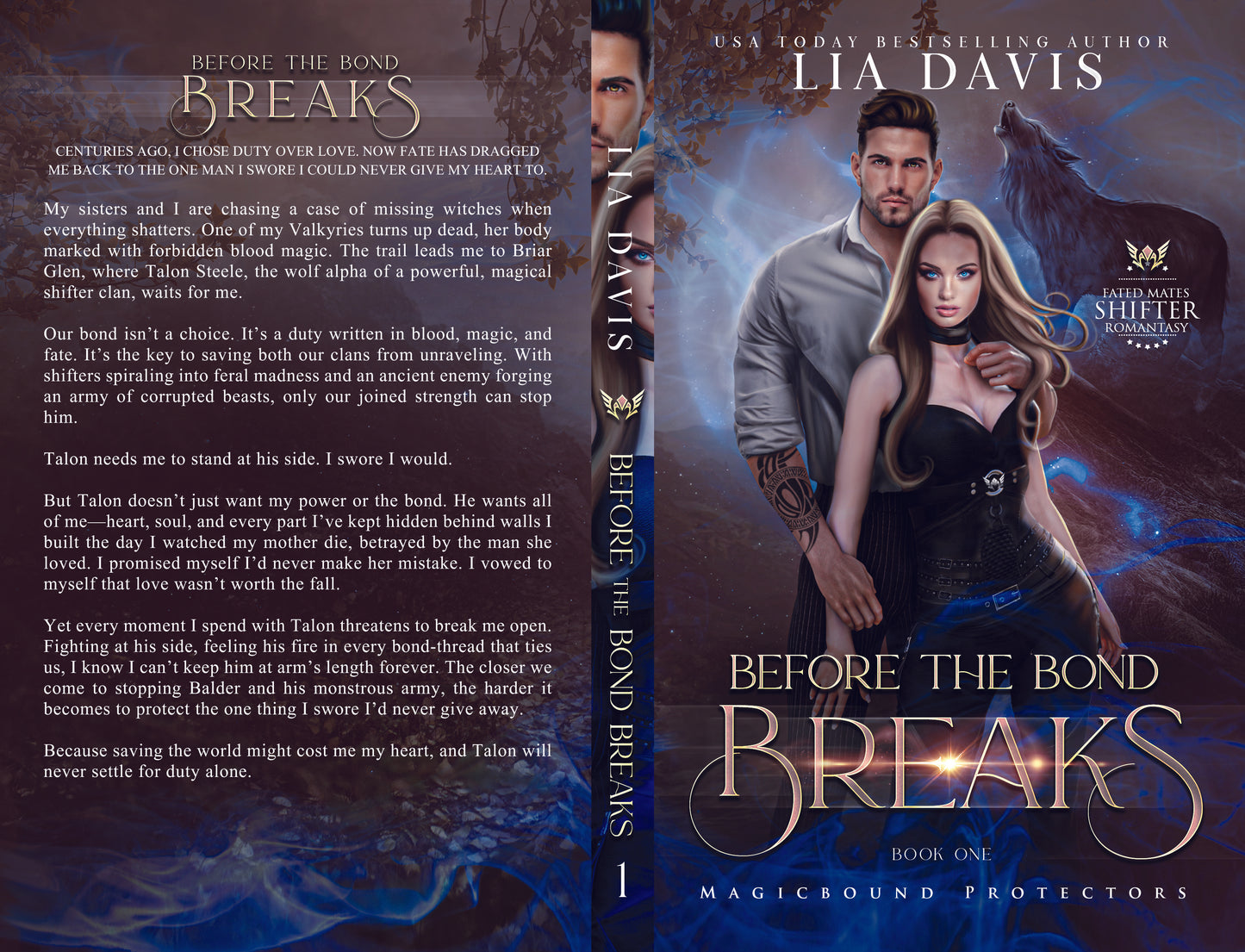 Flatlay of a paperback Book cover of 'Before the Bond Breaks' by Lia Davis, featuring a couple and a wolf.